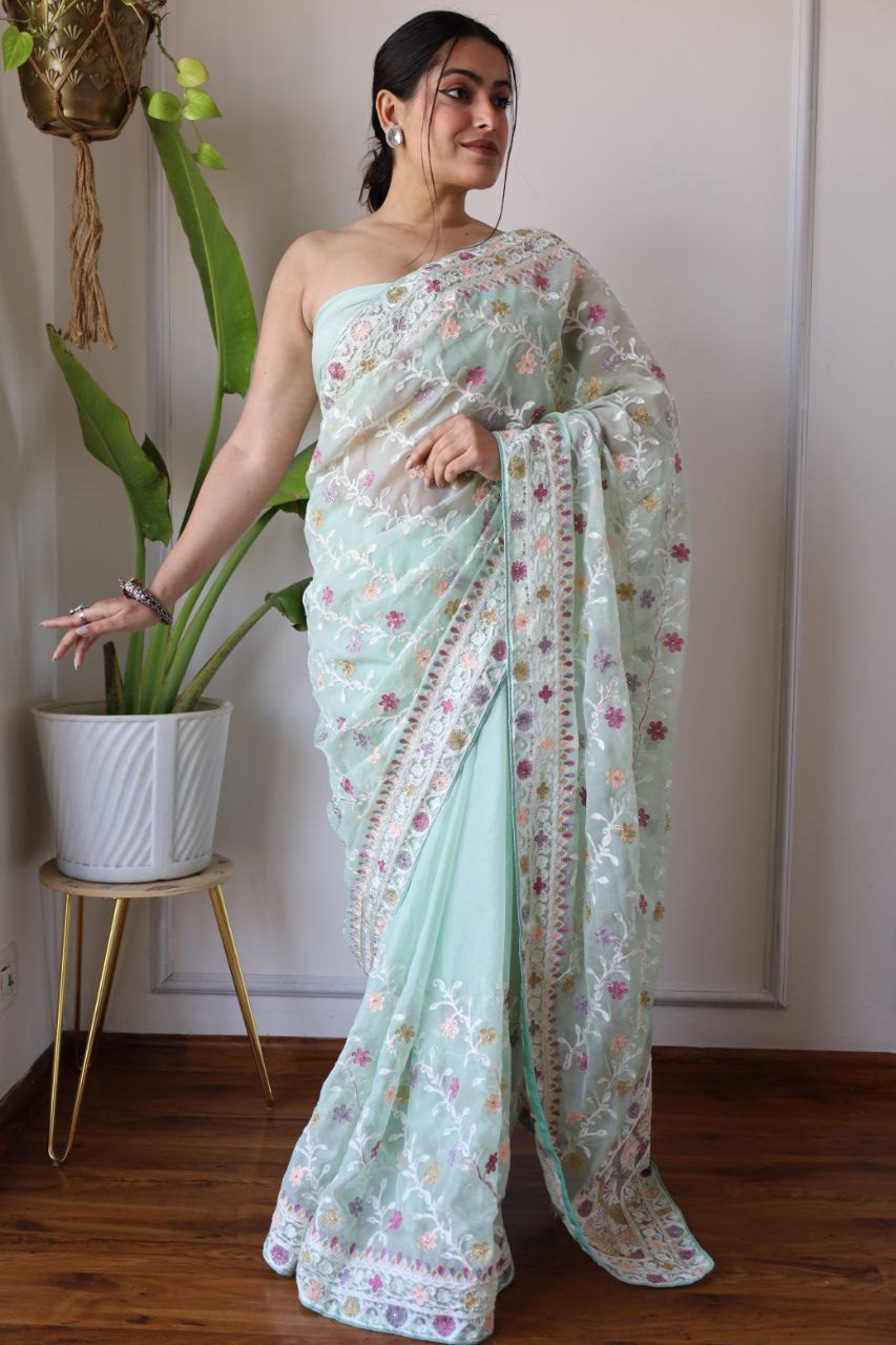 Teeya Creation Sky Color Butterfly Net Heavy Embroidery Work Saree | Grocsy