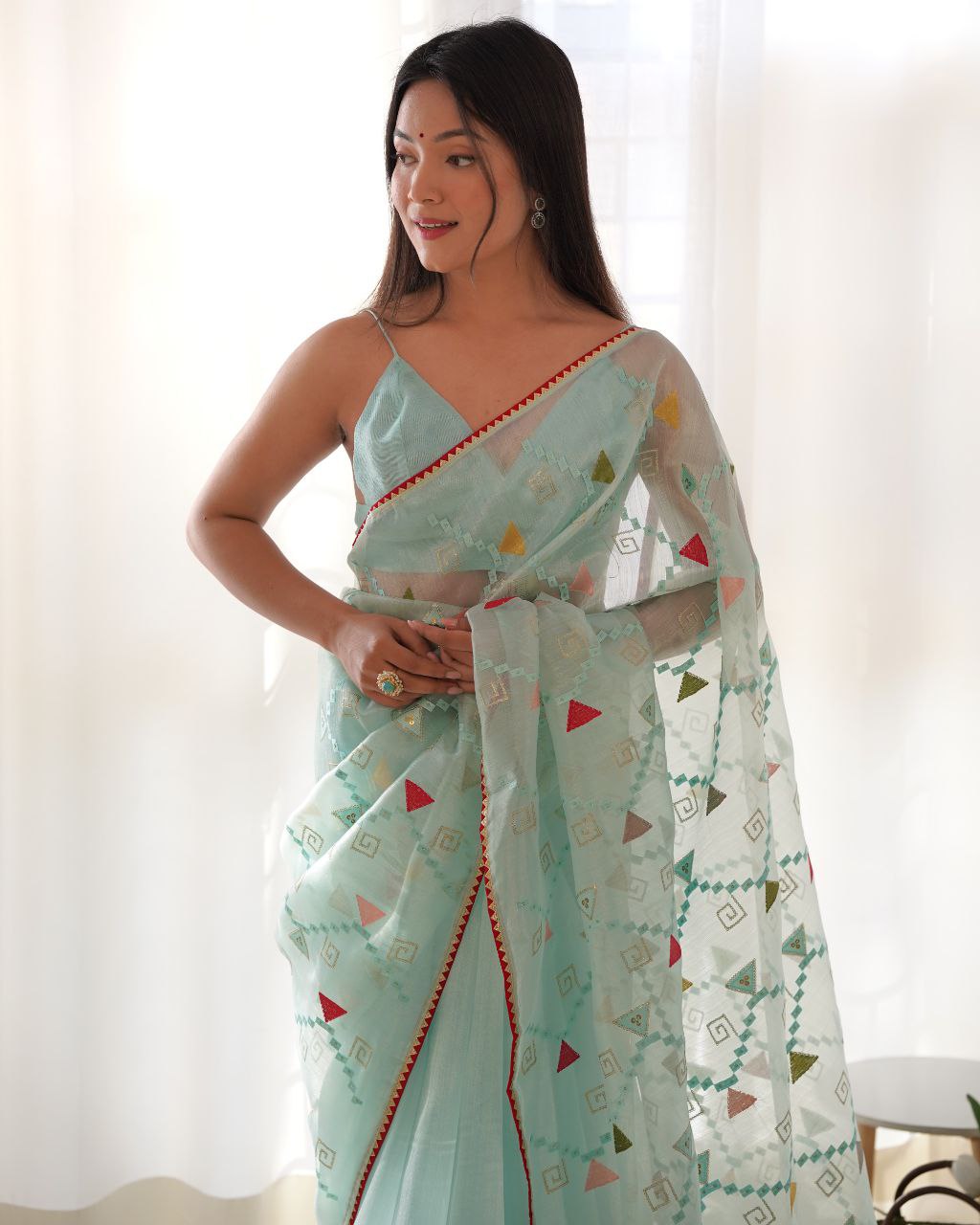 Teeya Creation Sky Blue Color Khadi Organza Silk Embroidery Work Saree | Grocsy