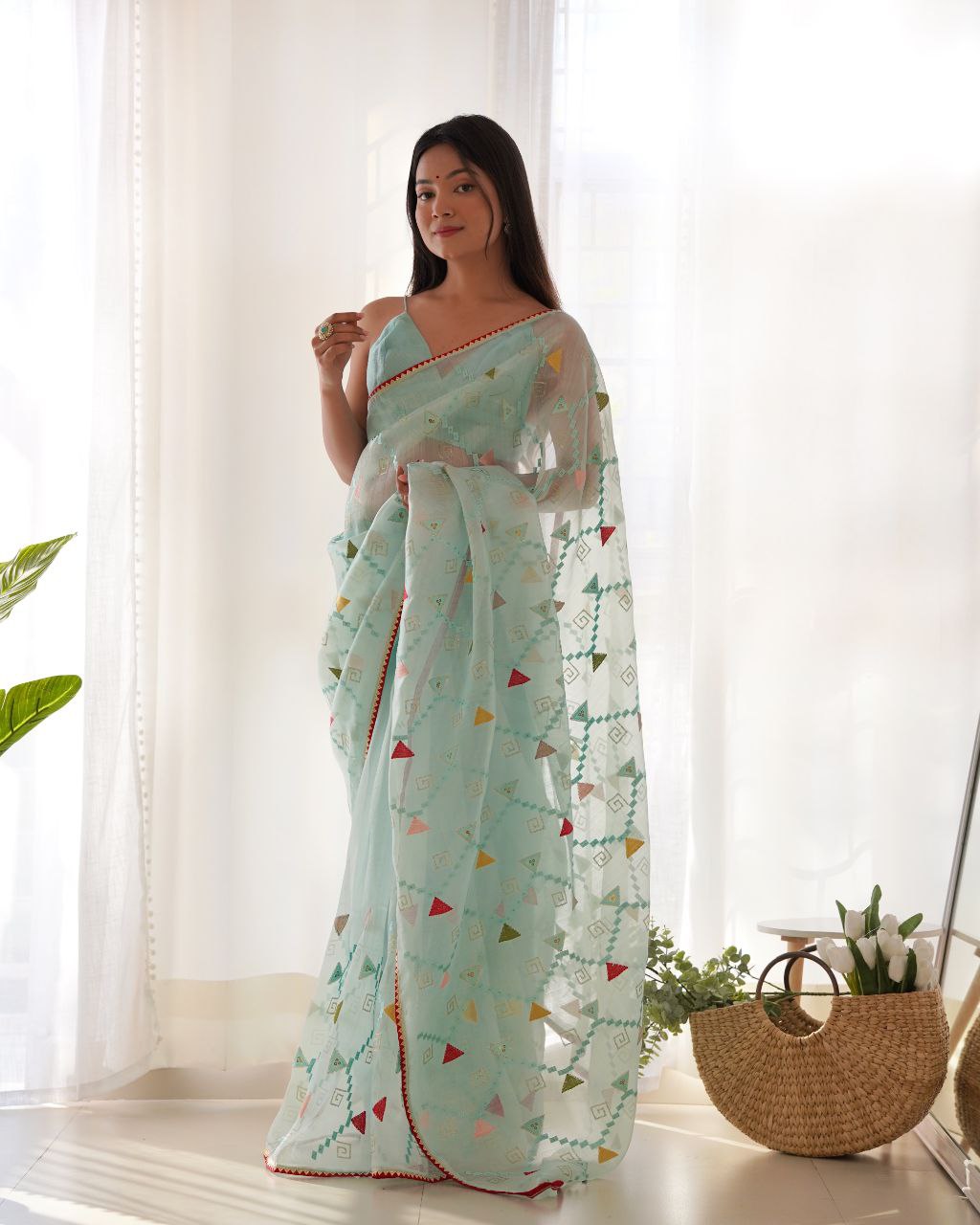 Teeya Creation Sky Blue Color Khadi Organza Silk Embroidery Work Saree | Grocsy