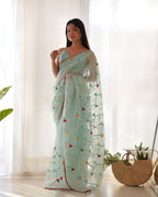 Teeya Creation Sky Blue Color Khadi Organza Silk Embroidery Work Saree | Grocsy