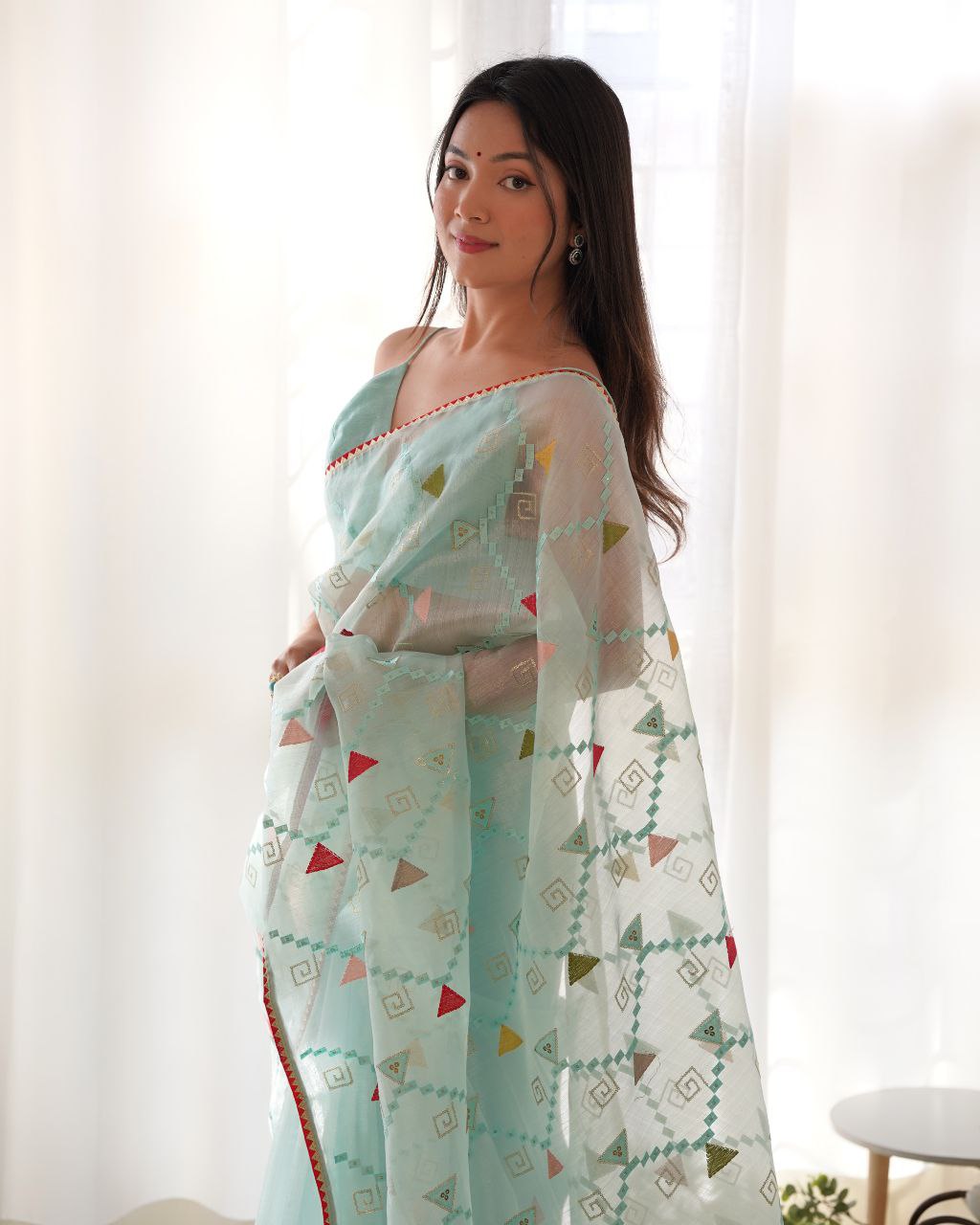 Teeya Creation Sky Blue Color Khadi Organza Silk Embroidery Work Saree | Grocsy