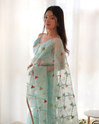 Teeya Creation Sky Blue Color Khadi Organza Silk Embroidery Work Saree | Grocsy