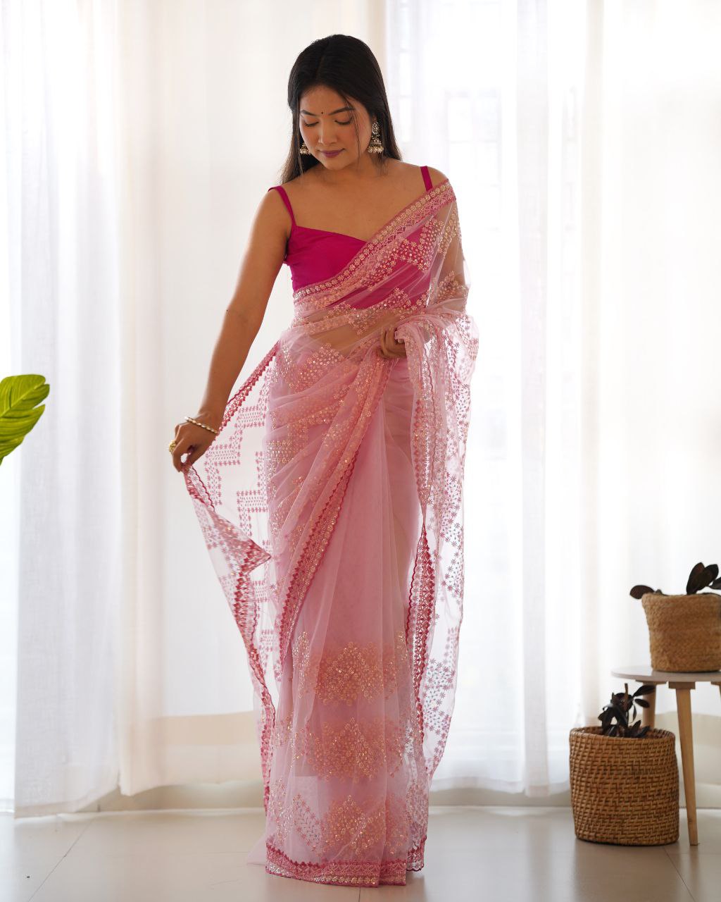Teeya Creation Pink Color Butterfly Net Heavy Work Saree | Grocsy