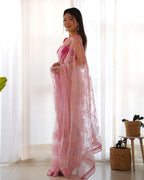 Teeya Creation Pink Color Butterfly Net Heavy Work Saree | Grocsy