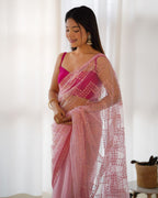 Teeya Creation Pink Color Butterfly Net Heavy Work Saree | Grocsy