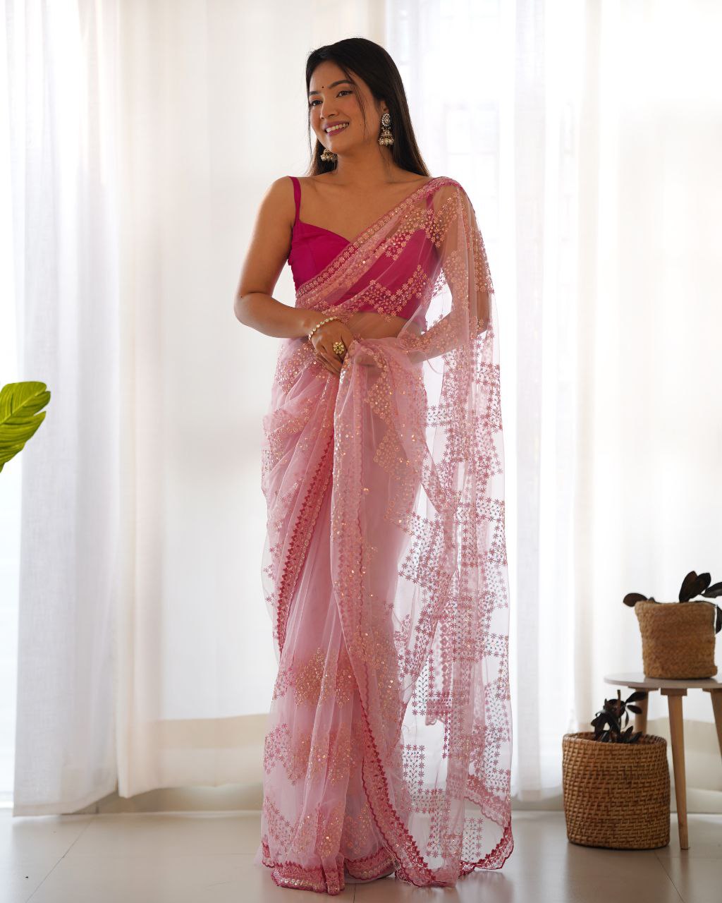 Teeya Creation Pink Color Butterfly Net Heavy Work Saree | Grocsy