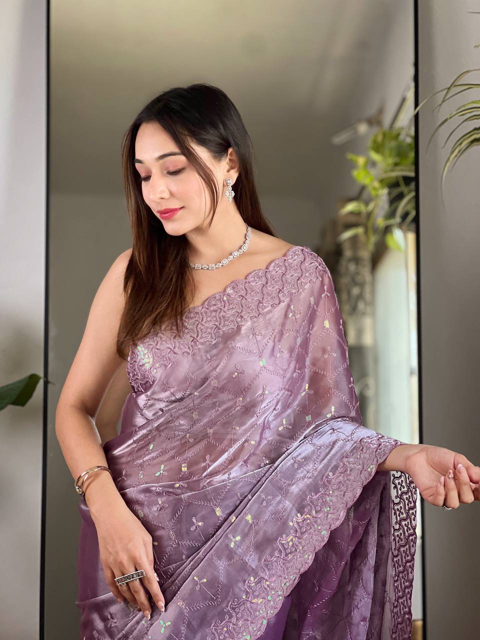 Teeya Creation Lavender Color Zimichhu Silk Heavy Sequence embroidery Work Saree | Grocsy
