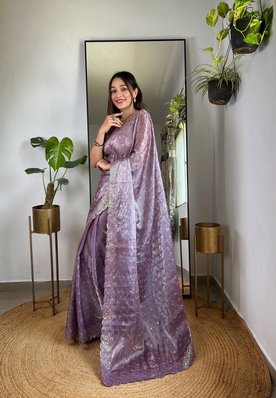 Teeya Creation Lavender Color Zimichhu Silk Heavy Sequence embroidery Work Saree | Grocsy