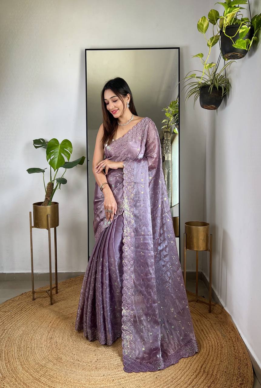 Teeya Creation Lavender Color Zimichhu Silk Heavy Sequence embroidery Work Saree | Grocsy