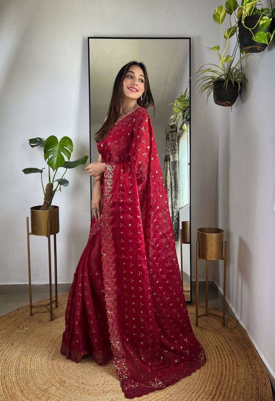 Teeya Creation Maroon Color Zimichhu Silk Heavy Sequence embroidery Work Saree | Grocsy