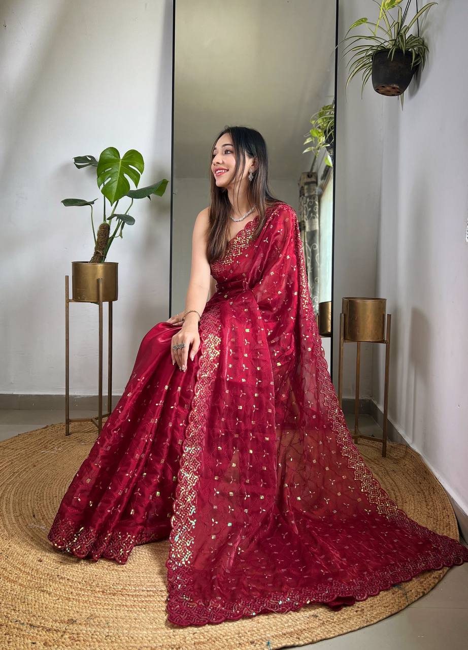 Teeya Creation Maroon Color Zimichhu Silk Heavy Sequence embroidery Work Saree | Grocsy