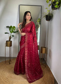 Teeya Creation Maroon Color Zimichhu Silk Heavy Sequence embroidery Work Saree | Grocsy