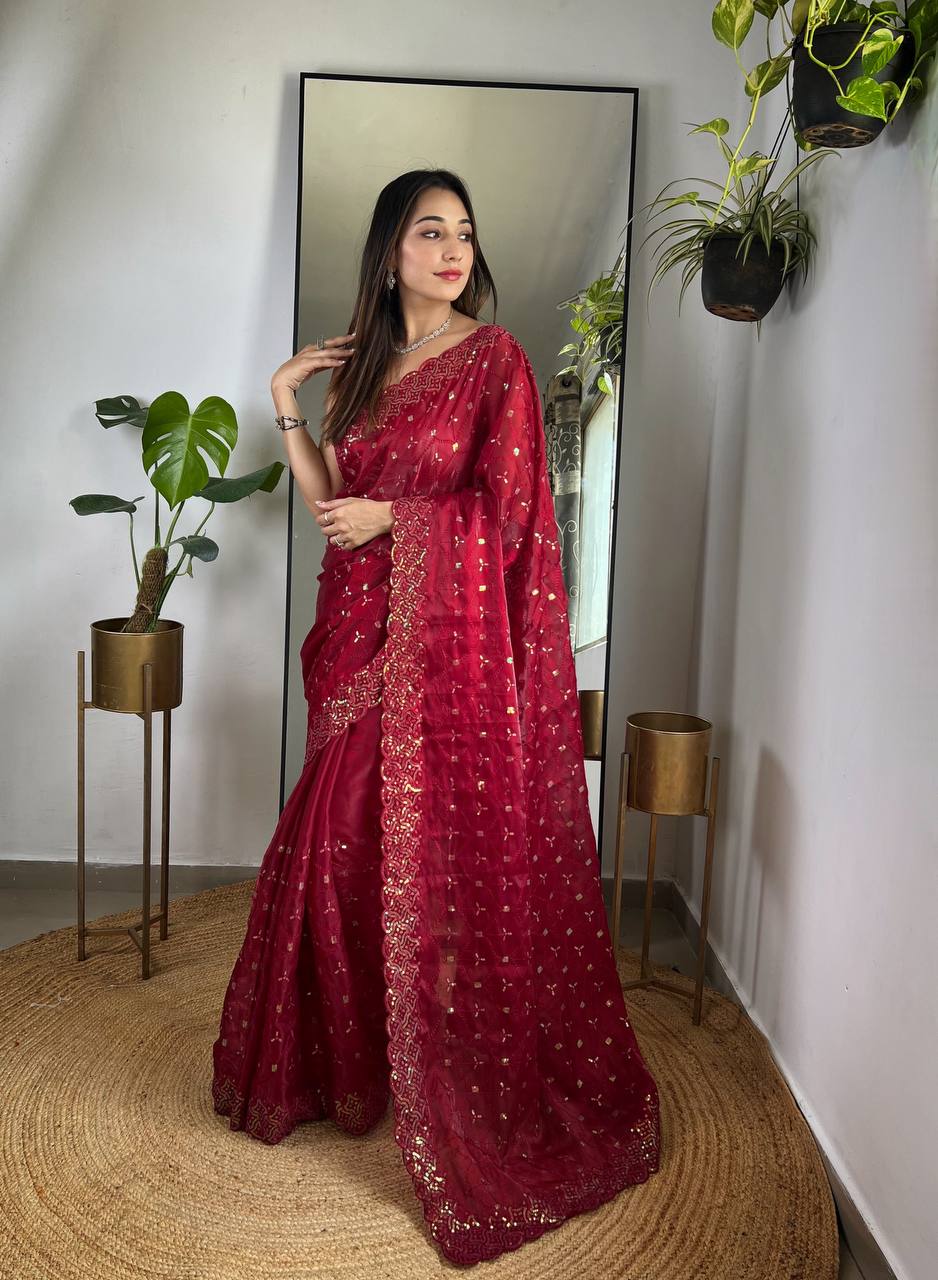 Teeya Creation Maroon Color Zimichhu Silk Heavy Sequence embroidery Work Saree | Grocsy