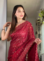 Teeya Creation Maroon Color Zimichhu Silk Heavy Sequence embroidery Work Saree | Grocsy