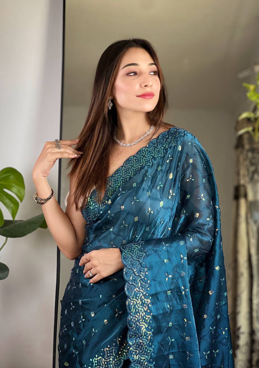 Teeya Creation More Peach Color Zimichhu Silk Heavy Sequence embroidery Work Saree | Grocsy