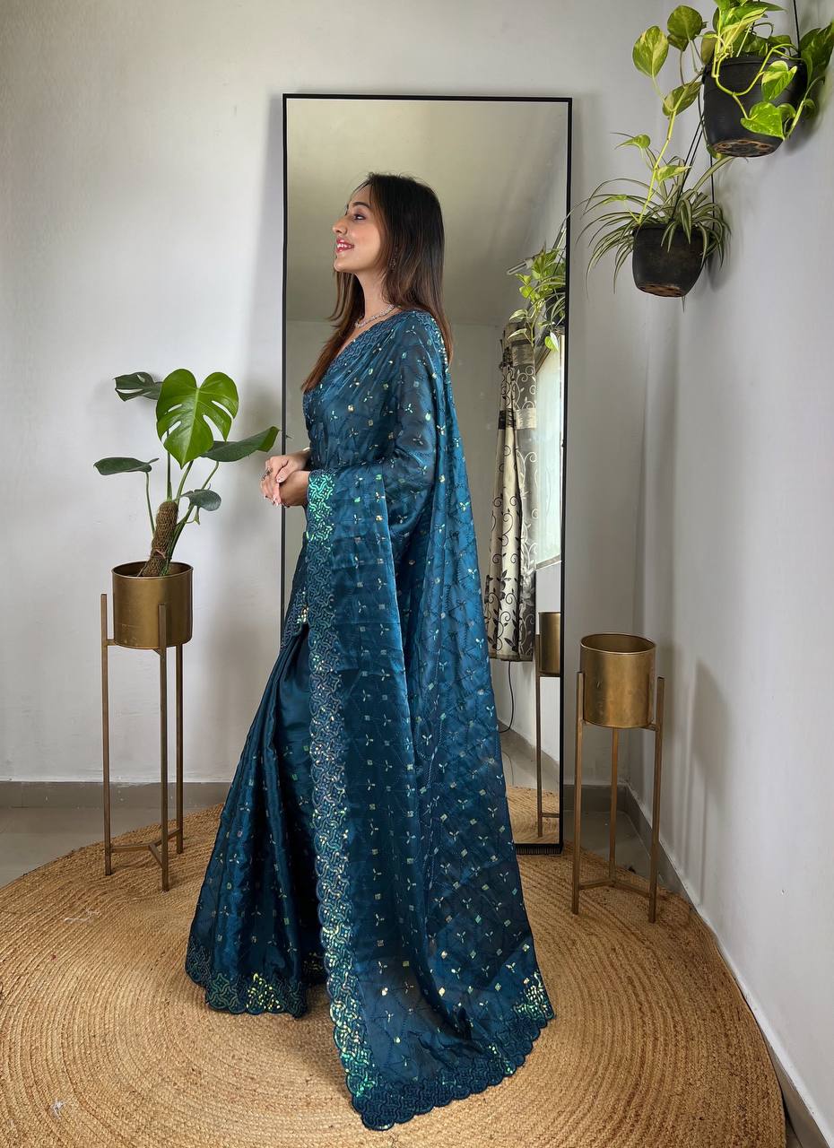 Teeya Creation More Peach Color Zimichhu Silk Heavy Sequence embroidery Work Saree | Grocsy