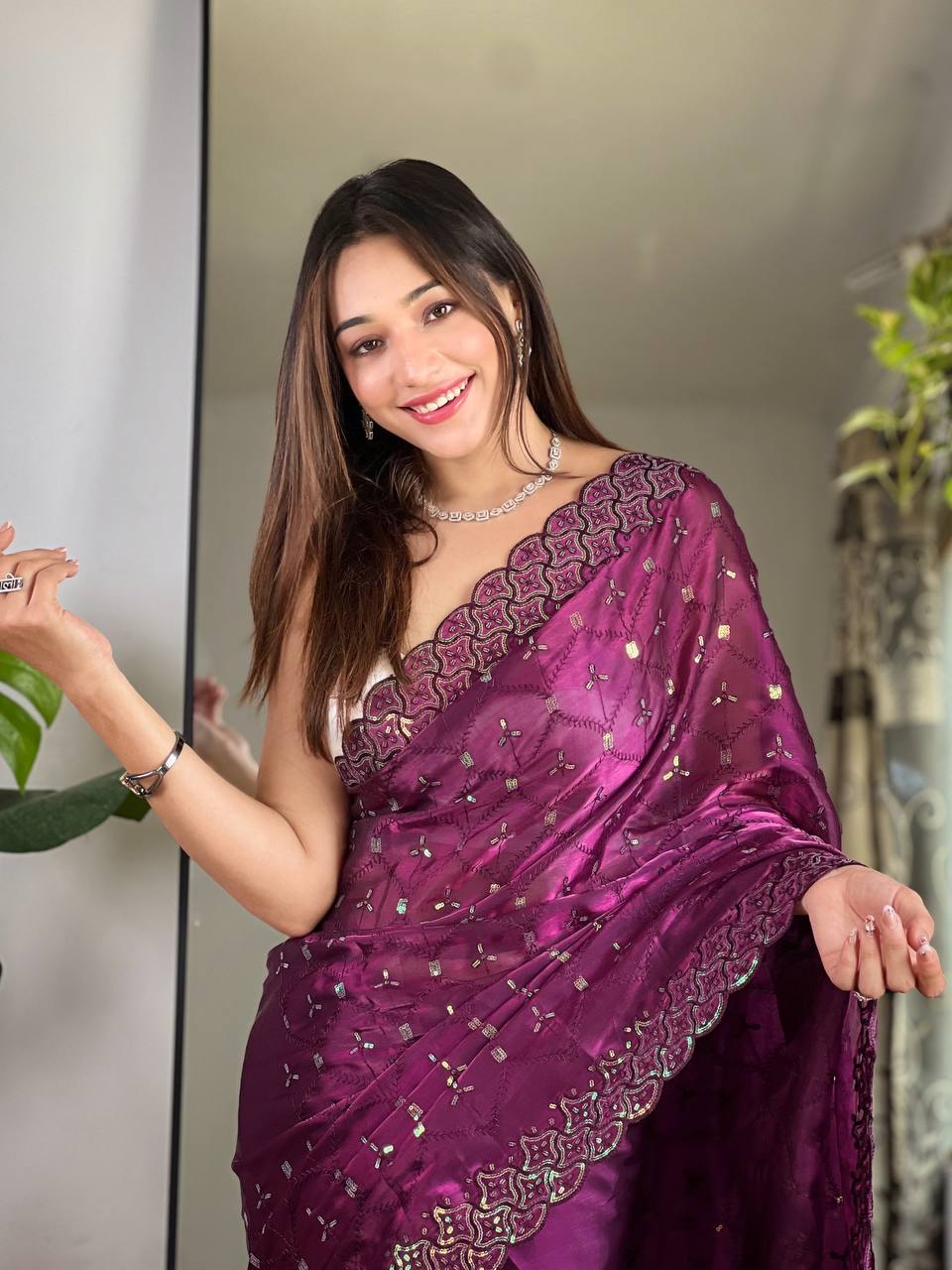 Teeya Creation Wine Color Zimichhu Silk Heavy Sequence embroidery Work Saree | Grocsy