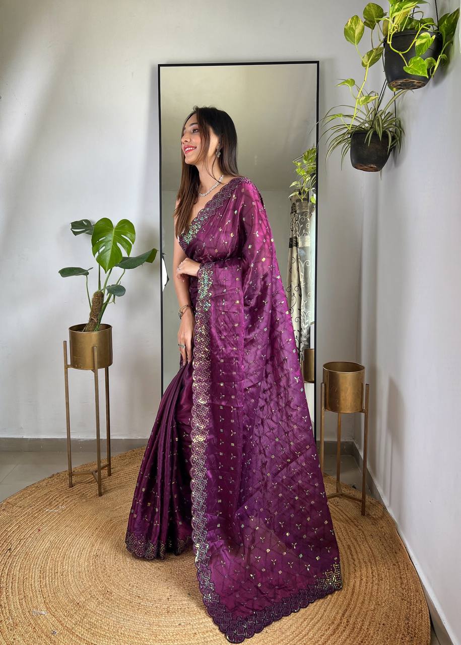 Teeya Creation Wine Color Zimichhu Silk Heavy Sequence embroidery Work Saree | Grocsy