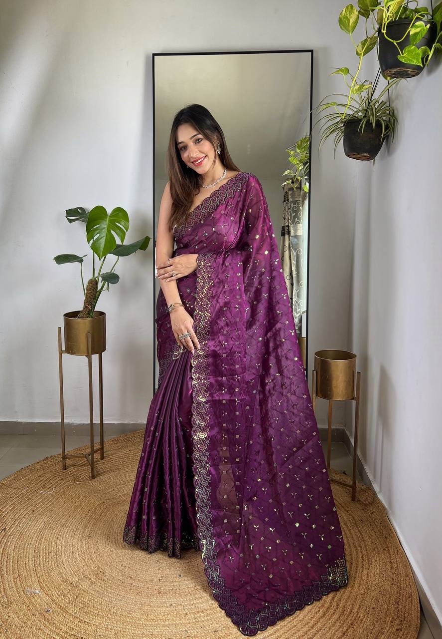 Teeya Creation Wine Color Zimichhu Silk Heavy Sequence embroidery Work Saree | Grocsy