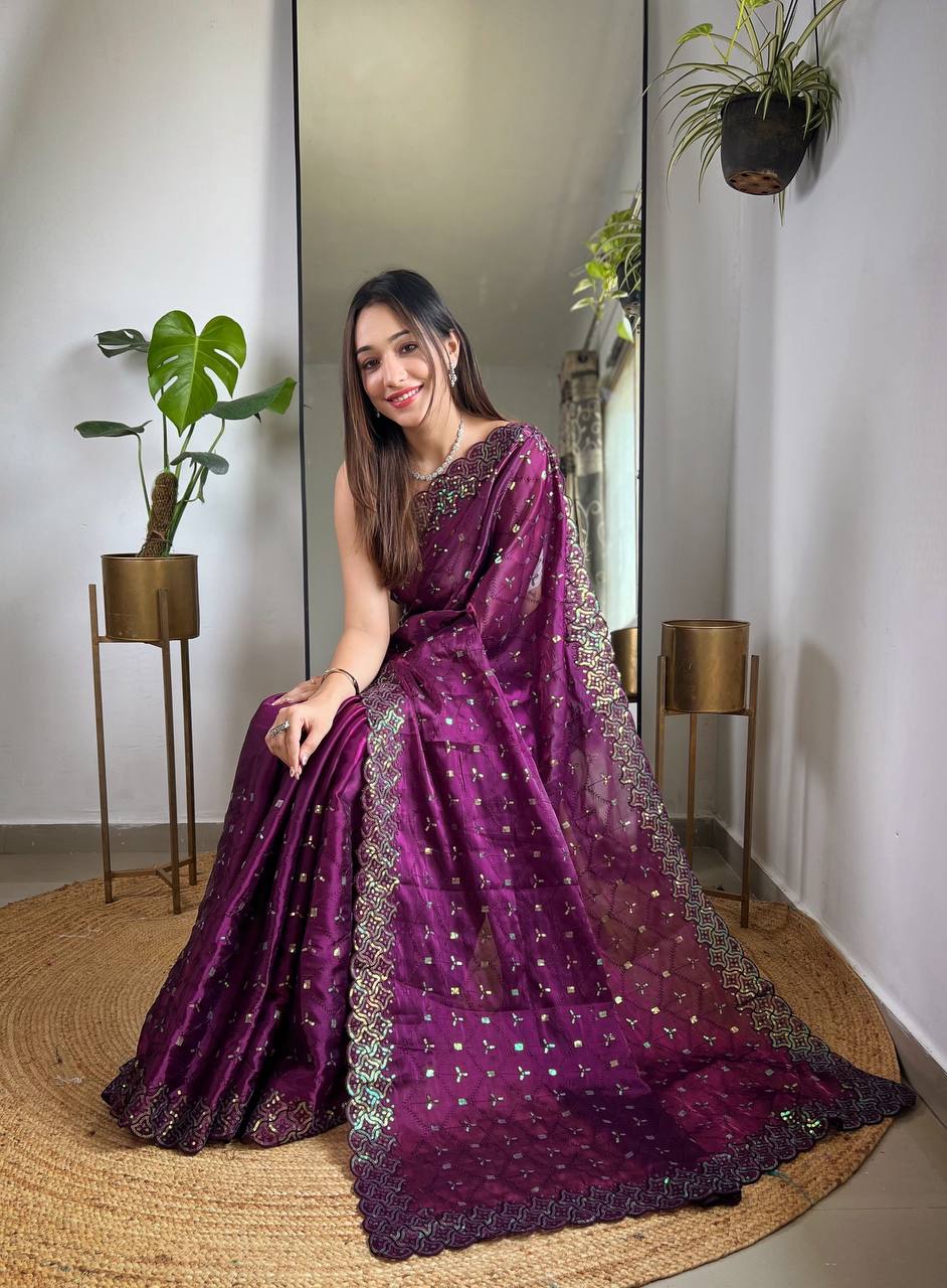 Teeya Creation Wine Color Zimichhu Silk Heavy Sequence embroidery Work Saree | Grocsy