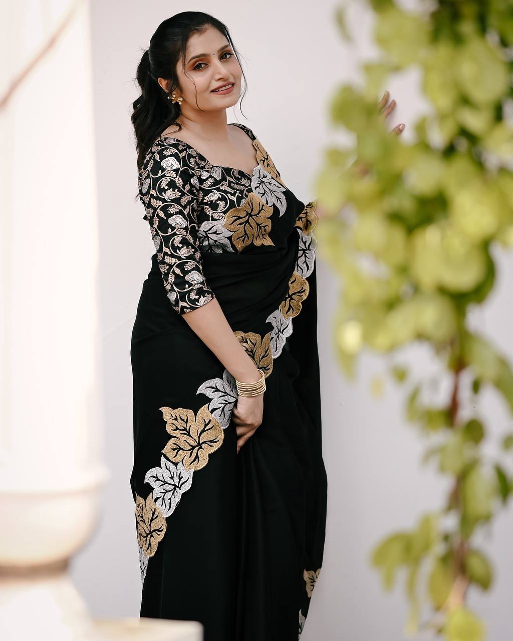Teeya Creation Black Color Satin Chinon Silk Embroidery Work Saree | Grocsy