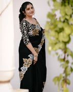 Teeya Creation Black Color Satin Chinon Silk Embroidery Work Saree | Grocsy