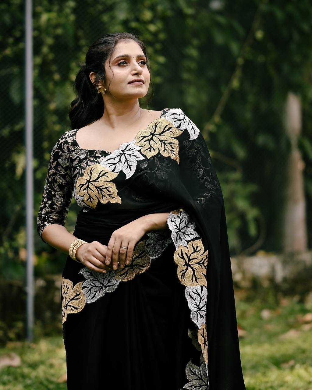 Teeya Creation Black Color Satin Chinon Silk Embroidery Work Saree | Grocsy
