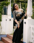 Teeya Creation Black Color Satin Chinon Silk Embroidery Work Saree | Grocsy