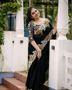 Teeya Creation Black Color Satin Chinon Silk Embroidery Work Saree | Grocsy