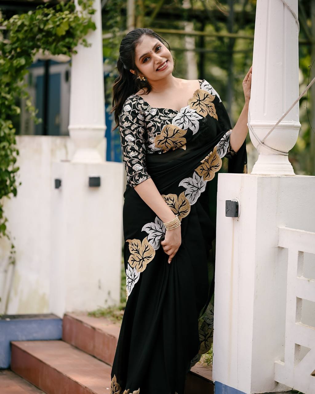 Teeya Creation Black Color Satin Chinon Silk Embroidery Work Saree | Grocsy