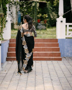 Teeya Creation Black Color Satin Chinon Silk Embroidery Work Saree | Grocsy