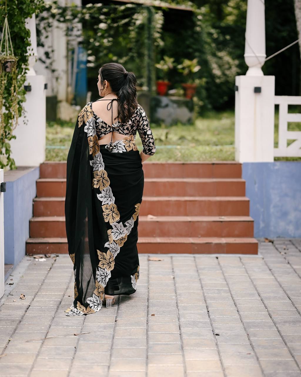 Teeya Creation Black Color Satin Chinon Silk Embroidery Work Saree | Grocsy