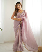 Teeya Creation Onion Pink Color Gold Crush Lace Border Ready to Wear Saree | Grocsy