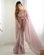 Teeya Creation Onion Pink Color Gold Crush Lace Border Ready to Wear Saree | Grocsy