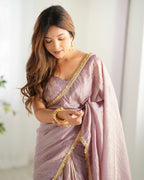 Teeya Creation Onion Pink Color Gold Crush Lace Border Ready to Wear Saree | Grocsy