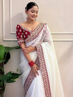 Teeya Creation White Color Banarasi Crush Silk Heavy Lace Work Saere | Grocsy