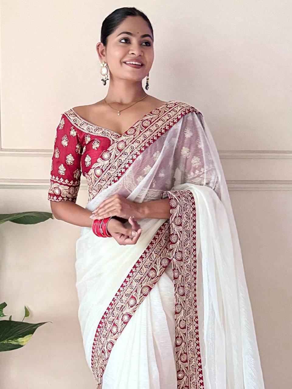 Teeya Creation White Color Banarasi Crush Silk Heavy Lace Work Saere | Grocsy