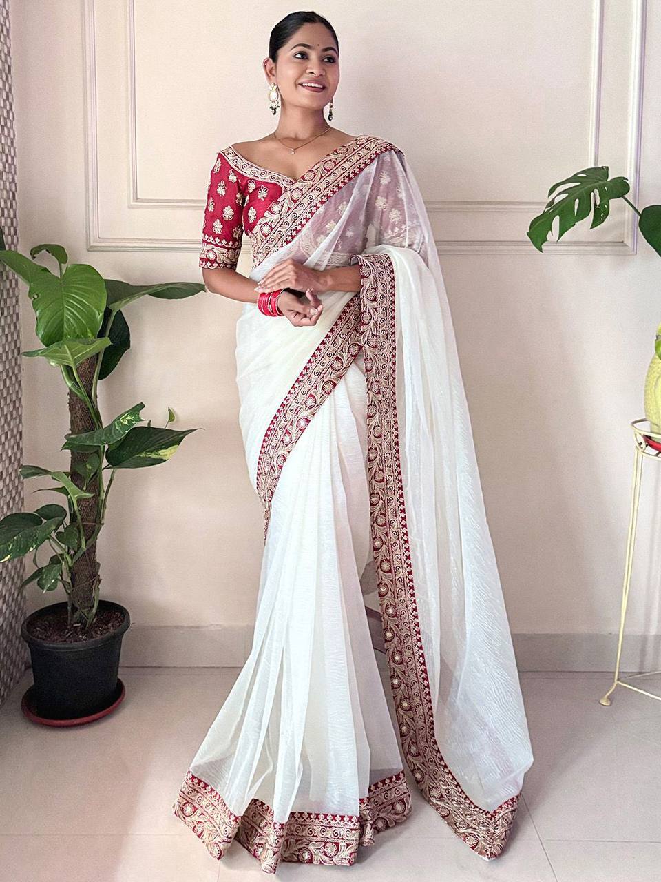 Teeya Creation White Color Banarasi Crush Silk Heavy Lace Work Saere | Grocsy