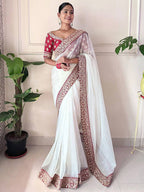 Teeya Creation White Color Banarasi Crush Silk Heavy Lace Work Saere | Grocsy