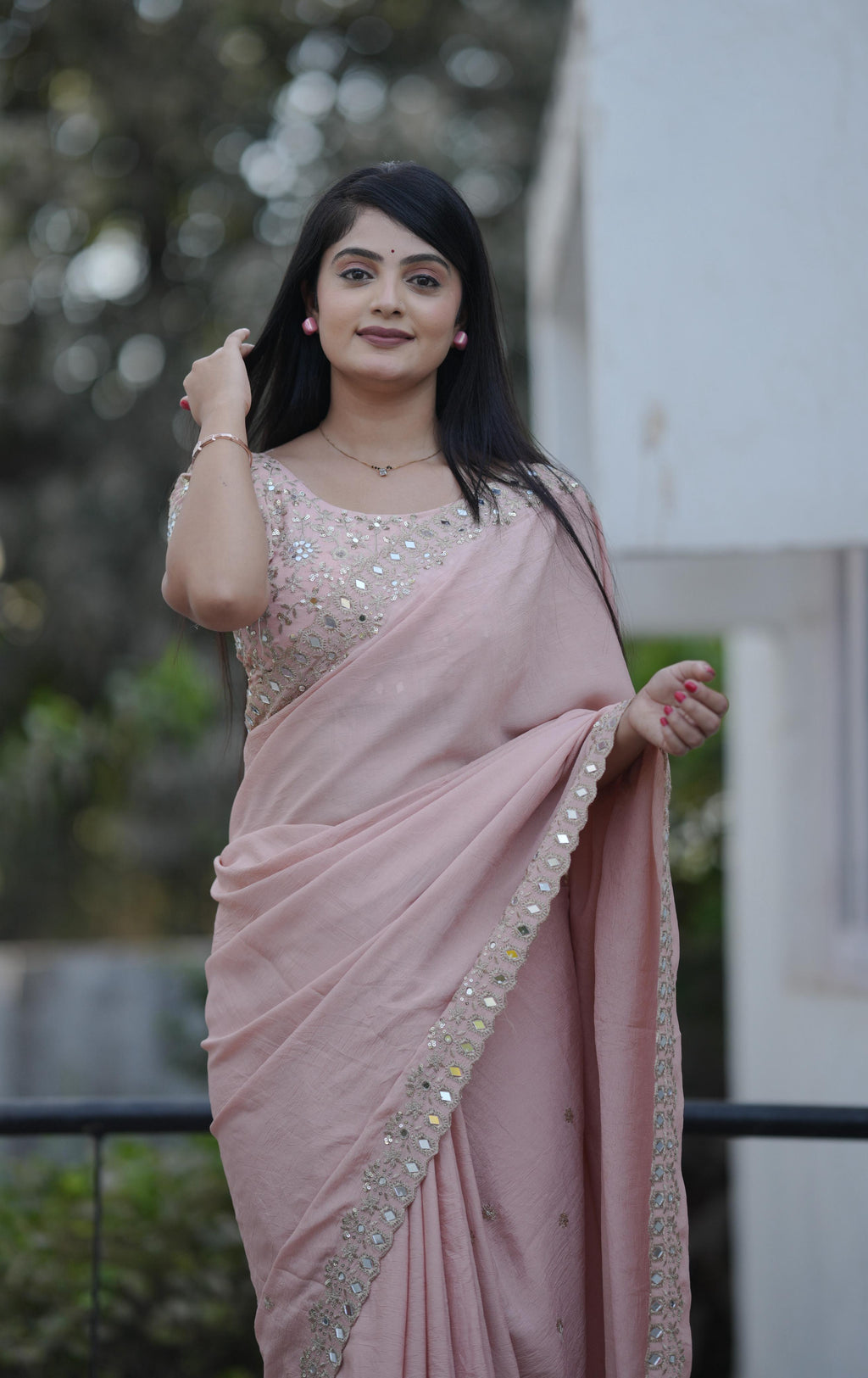 Teeya Creation Peach Platinum Crush Silk Embroidery With Real Mirror Work Saree | Grocsy