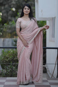 Teeya Creation Peach Platinum Crush Silk Embroidery With Real Mirror Work Saree | Grocsy