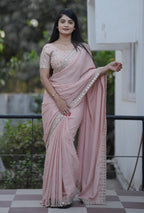 Teeya Creation Peach Platinum Crush Silk Embroidery With Real Mirror Work Saree | Grocsy