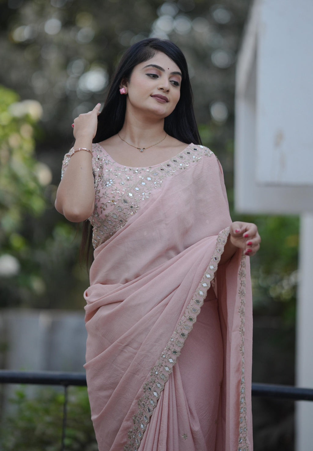 Teeya Creation Peach Platinum Crush Silk Embroidery With Real Mirror Work Saree | Grocsy