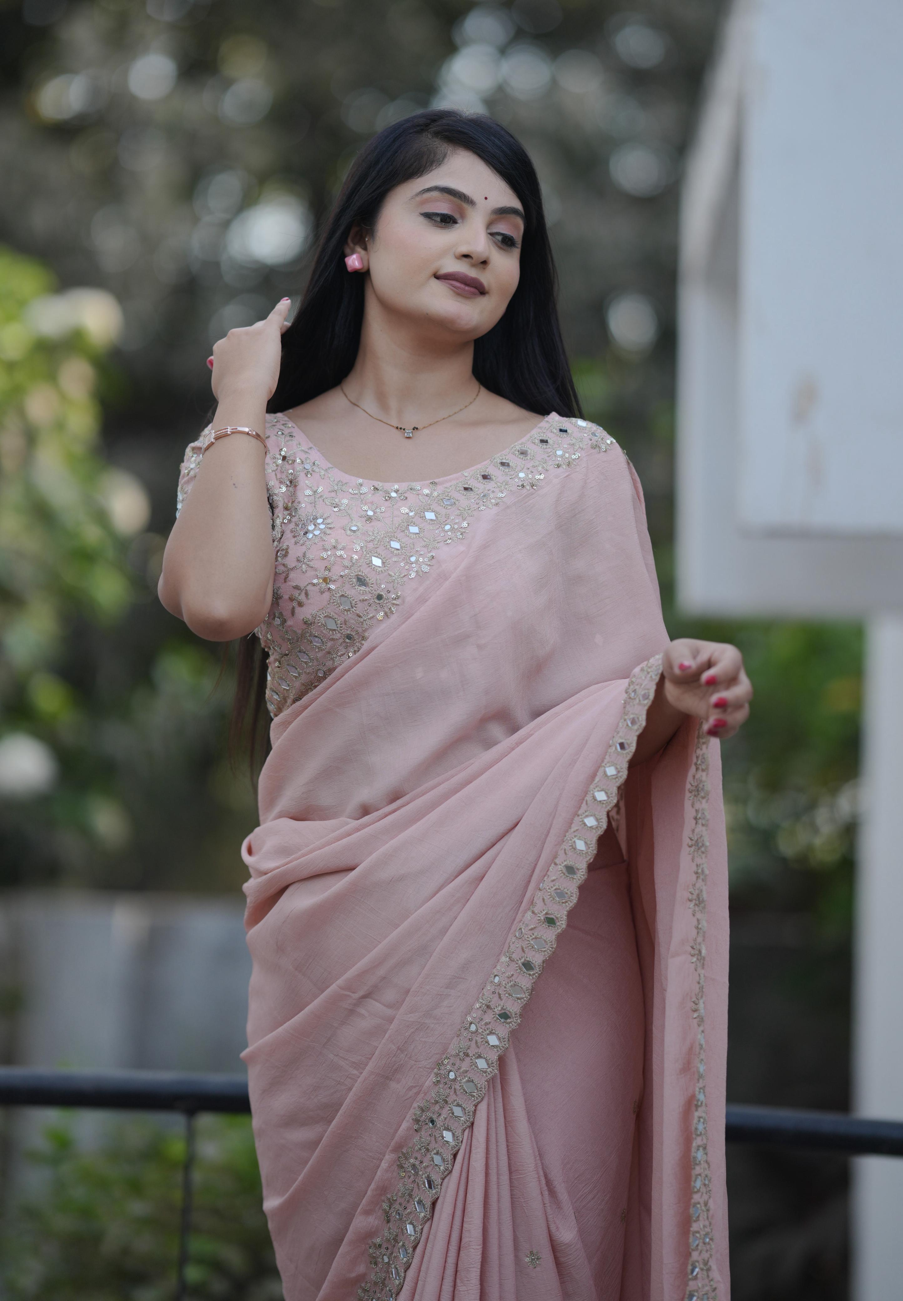 Teeya Creation Peach Platinum Crush Silk Embroidery With Real Mirror Work Saree | Grocsy