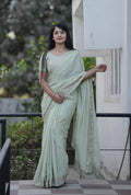 Teeya Creation Pista Platinum Crush Silk Embroidery With Real Mirror Work Saree | Grocsy