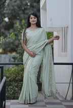 Teeya Creation Pista Platinum Crush Silk Embroidery With Real Mirror Work Saree | Grocsy