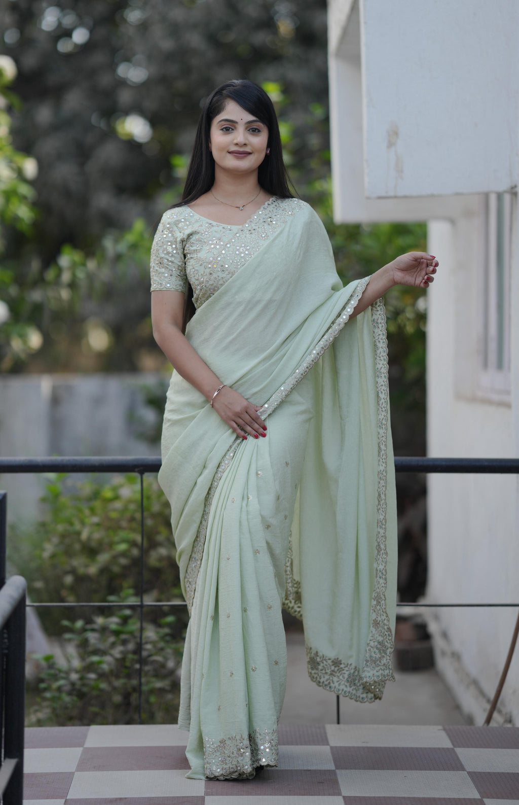 Teeya Creation Pista Platinum Crush Silk Embroidery With Real Mirror Work Saree | Grocsy