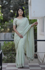 Teeya Creation Pista Platinum Crush Silk Embroidery With Real Mirror Work Saree | Grocsy