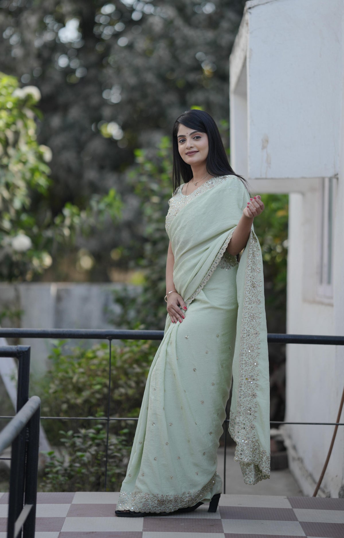 Teeya Creation Pista Platinum Crush Silk Embroidery With Real Mirror Work Saree | Grocsy