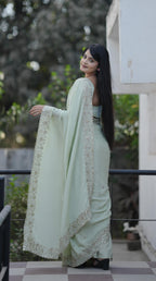 Teeya Creation Pista Platinum Crush Silk Embroidery With Real Mirror Work Saree | Grocsy